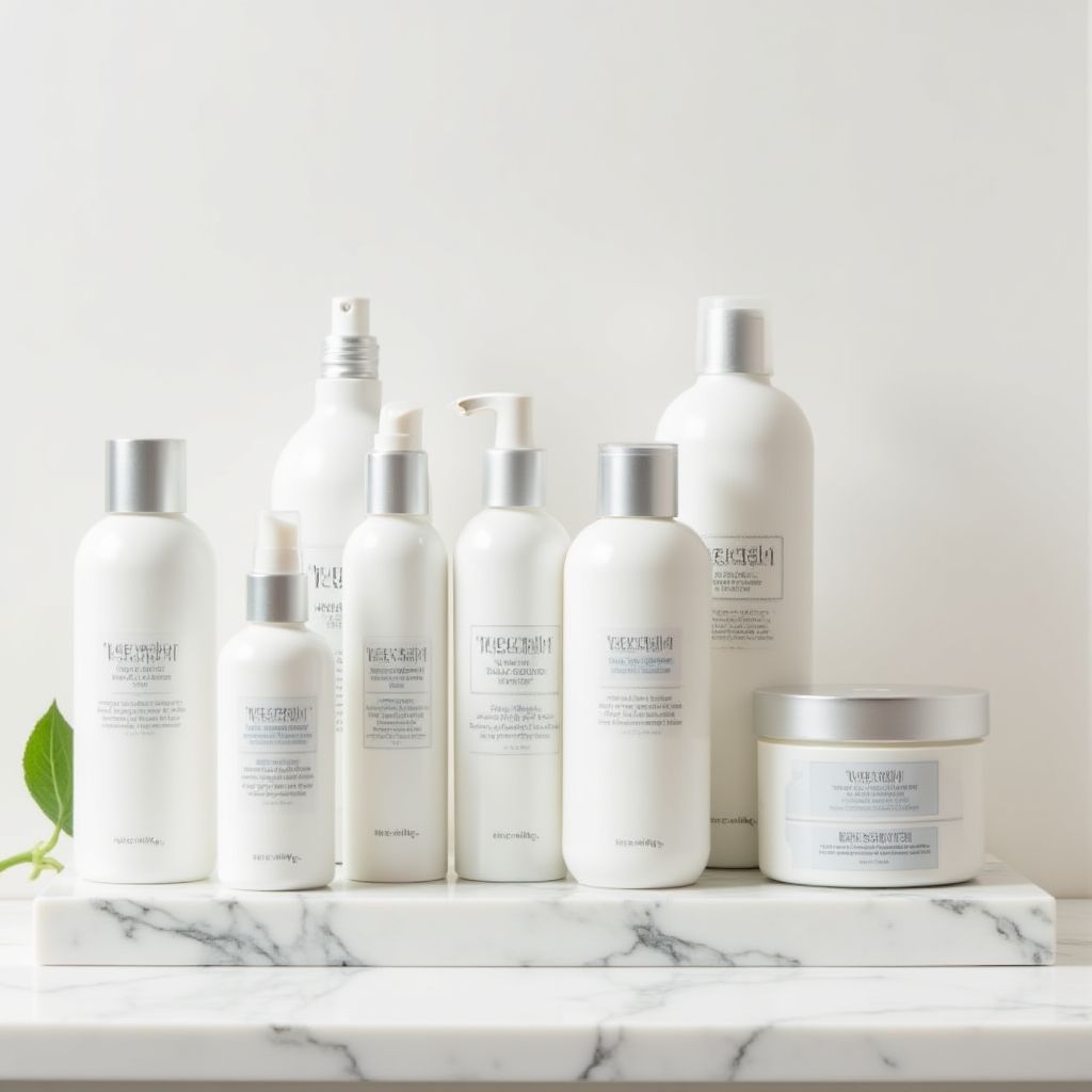 Een display van premium, biologische schoonheidsproducten op een houten plank