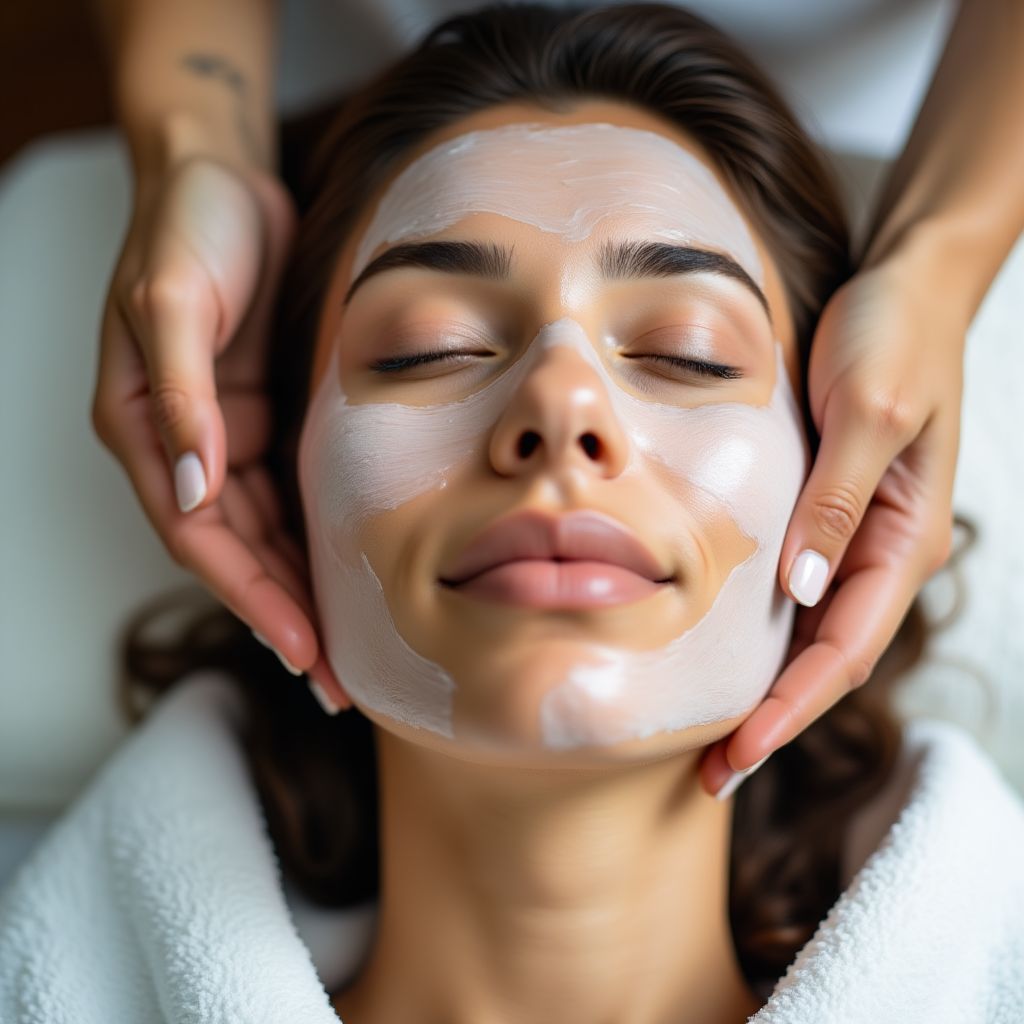 Een vrouw die ontspant terwijl ze een gezichtsbehandeling krijgt